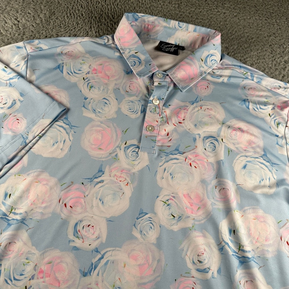 Sunday Swagger Polo Shirt Mens 2XL Floral‎ Roses Light Blue Athletic Golf NWOT